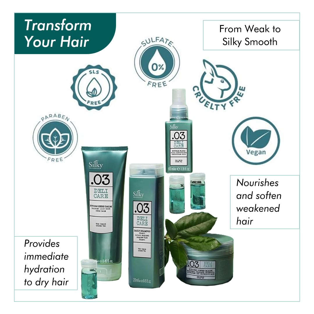 SILKY Technobasic .03 Deli Hair Care Set for All Hairs - 4-In-1 Kit with Hair Growth Oil, Hydrating Hair Balm & Shampoo for Stronger Strands - Hair