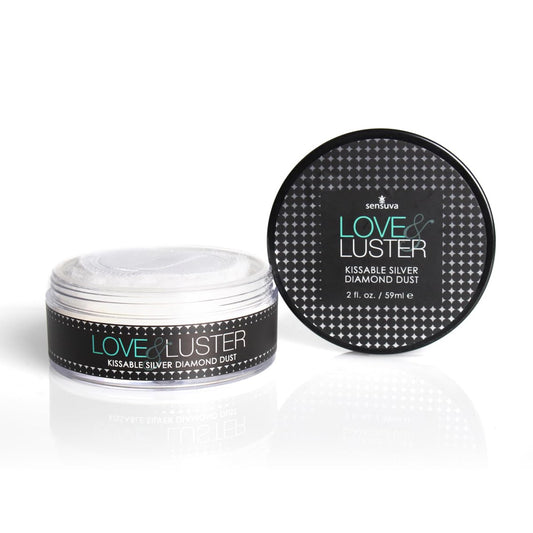 Sensuva Love & Luster Kissable Diamond Dust | Comes with Puffer 2 oz Jar Candy Scent & Flavored Highlighter, Mica Powder, Silver Body Shimmer Face