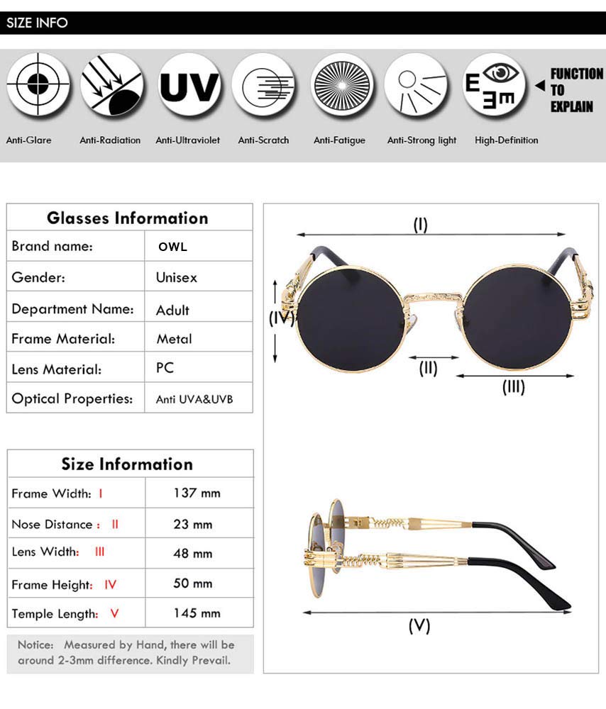 Retro Steampunk Style Round Vintage Yellow Lens Sunglasses Gold Metal Frame