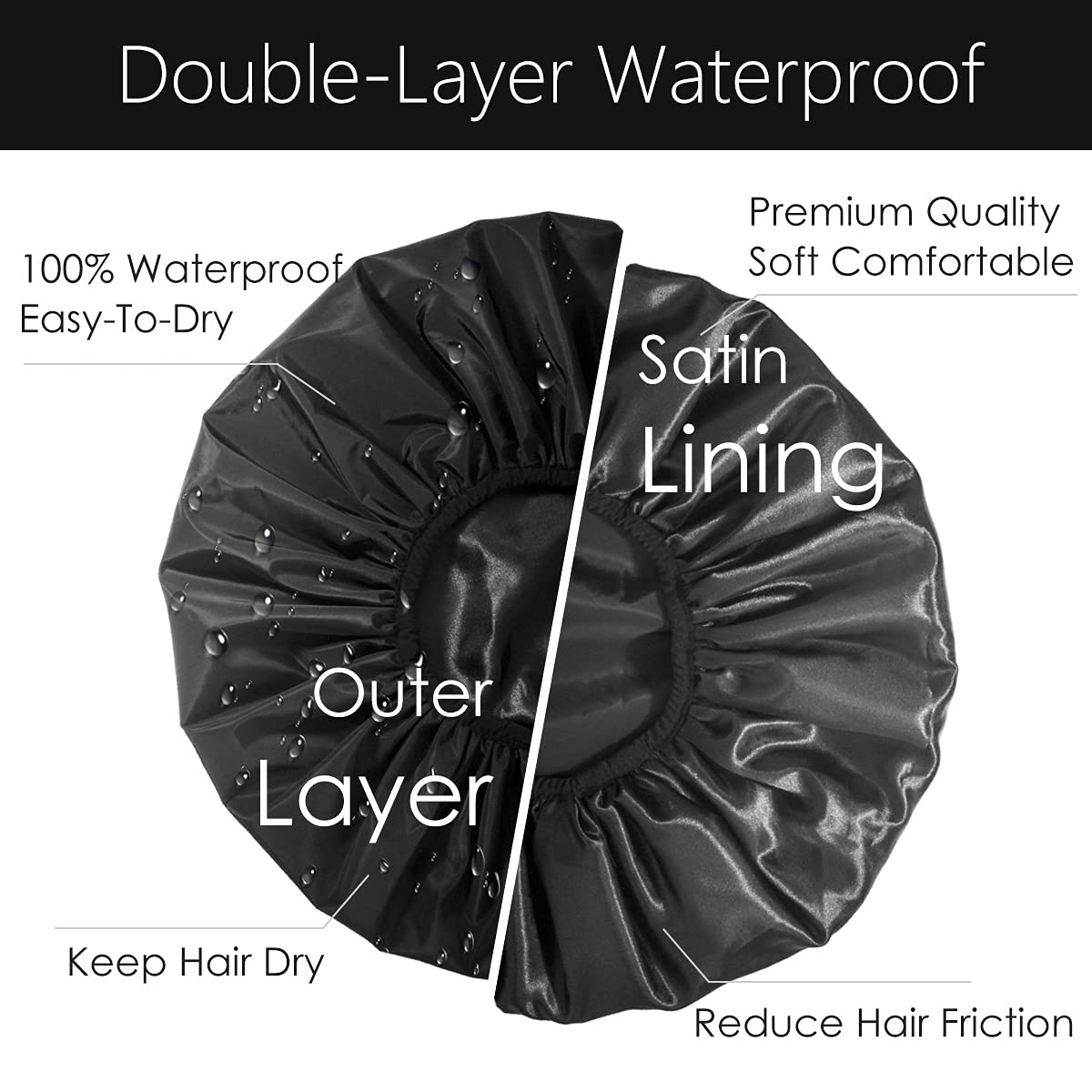 Auban Extra Large Shower Cap, Double-Layer Waterproof Reusable, XL Satin Lining Shower Bonnet for Women Thick, Long Hair, Locs, Braids(Black)