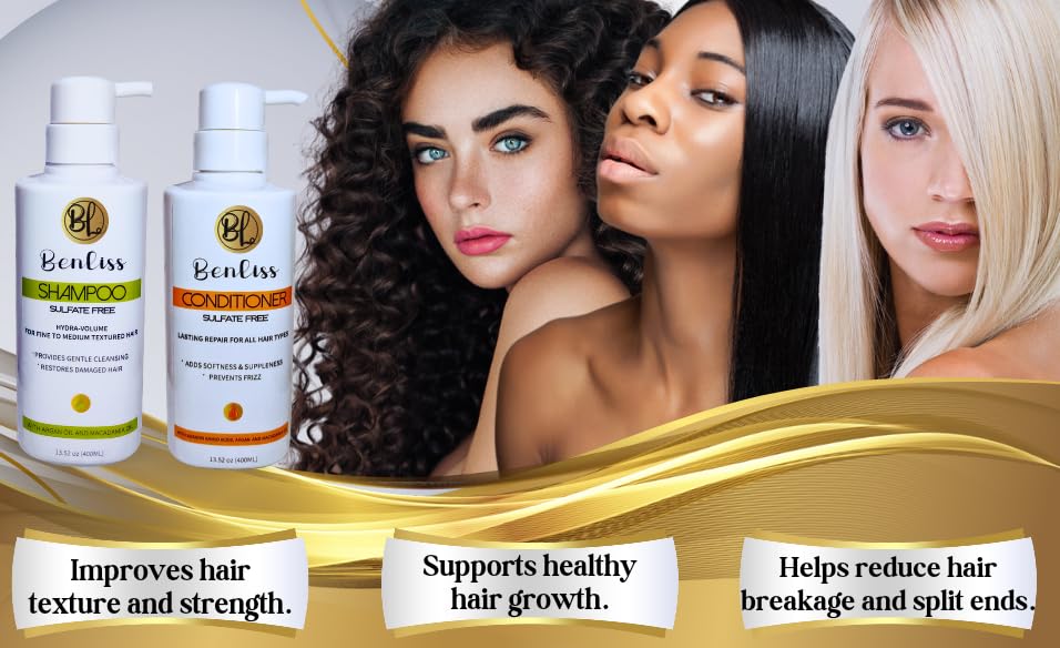 Benliss Shampoo and Conditioner Set With Argan and Macadamia Oil- Sulfate Free - For Straight, Curly, Frizzy, Dry - Hair Repair for Damaged Hair