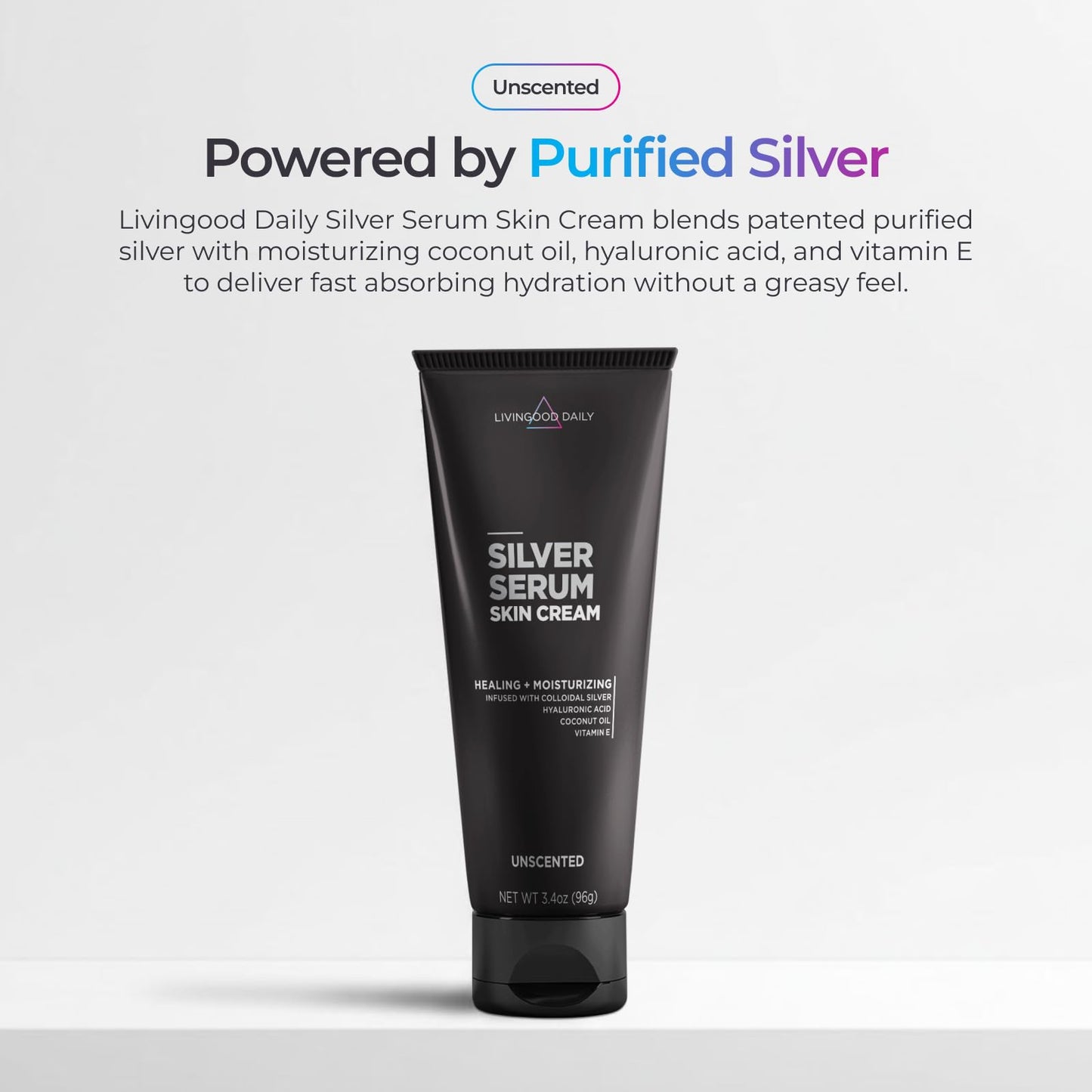 Livingood Daily Silver Serum Skin Cream, Moisturizing Body Cream with Colloidal Silver, Hyaluronic Acid, Coconut Oil & Vitamin E, Unscented Body