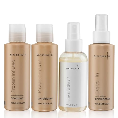 Moehair Travel Size Toiletries (Protein-Infused Shampoo, Conditioner, Leave-In Conditioner & Heat Protectant Spray) |Travel Shampoo and Conditioner