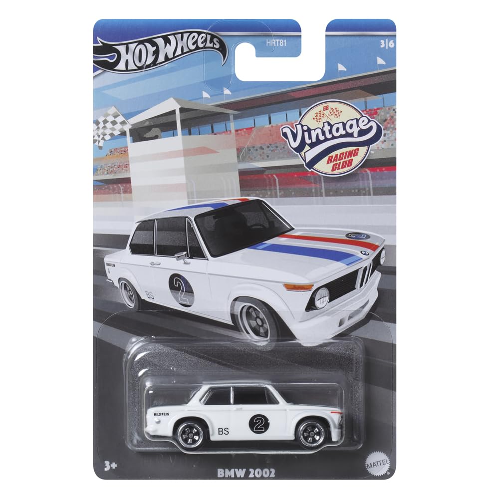 Hot Wheels Collectible Die-Cast Vintage Racing Club Vehicle - White with Red and Blue Stripes Sports Car - Inspired by BMW 2002 - HRT81-3/6