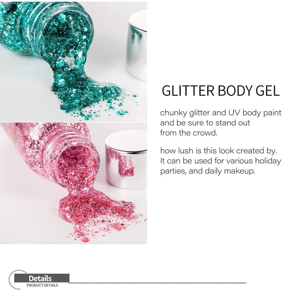 Body Glitter Gel Nail Hair Body Face Flash Eye shadow Glitter Cream Chunky Glitter Mermaid Scale Sequins Festival Painting Decoration Makeup (Pink)