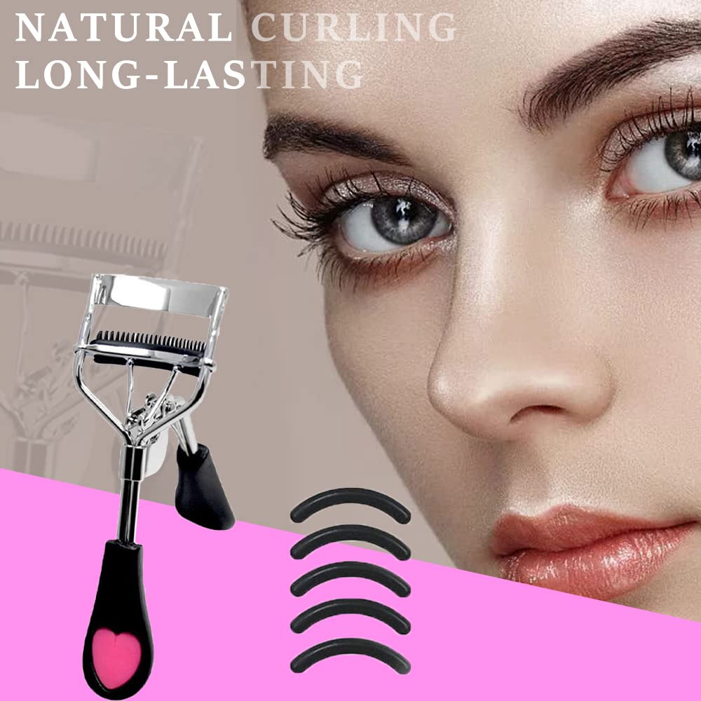 Stainless Steel Eyelash Curler with Built-in Comb Pinch Pain-Free Lash Curler with Brush Suitable for Any Eye Shapes and Sizes and with 5 Silicone