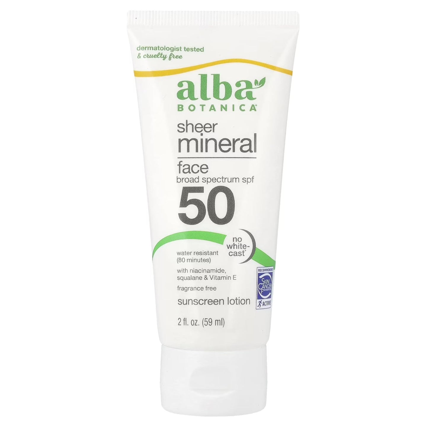 Alba Botanica Sunscreen for Face, Fragrance-Free Sheer Mineral Face Sunscreen Lotion, Broad Spectrum SPF 50, Water Resistant and Biodegradable, 2 fl.