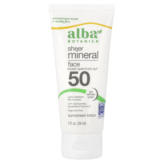 Alba Botanica Sunscreen for Face, Fragrance-Free Sheer Mineral Face Sunscreen Lotion, Broad Spectrum SPF 50, Water Resistant and Biodegradable, 2 fl.