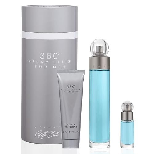 Perry Ellis 360° 3-Piece Gift Set - Men's Cologne - 3.4 fl oz EDT, 3 oz Shower Gel, .25 fl oz EDT mini travel spray - fresh, woody, citrus, aquatic,
