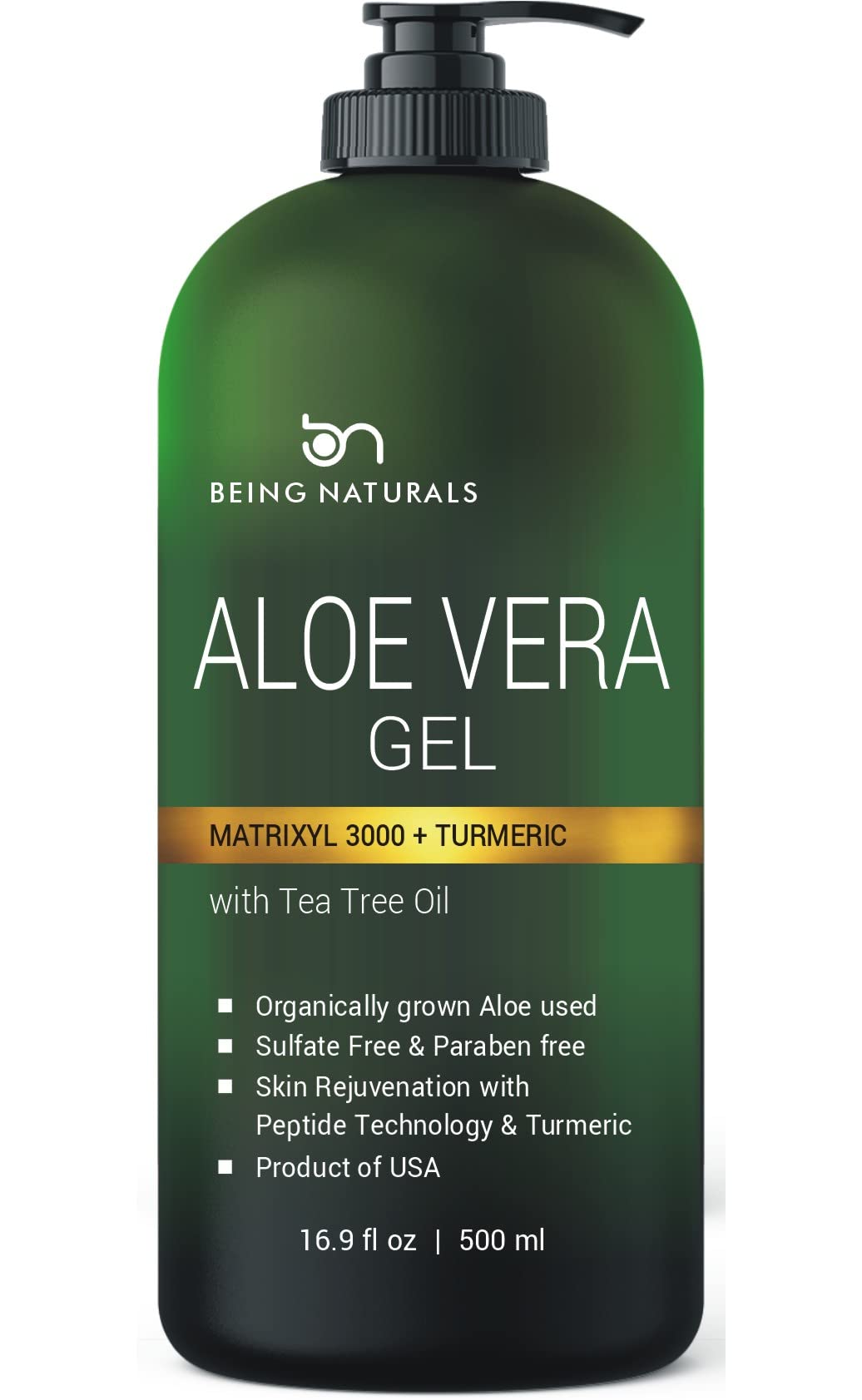 Aloe vera Gel - from 100% Pure Organic Aloe Infused with Matrixyl 3000 (Peptides), Turmeric - Natural Raw Moisturizer for Face, Body, Hair. Perfect