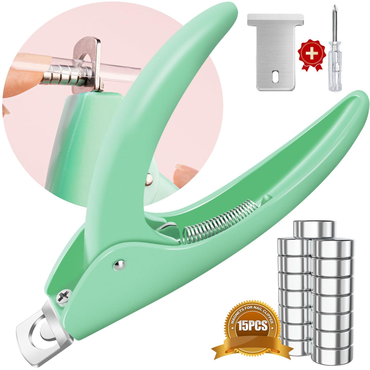 Green Adjustable Nail Clippers with Magnets Sizers for Acrylic Nails, Artificial Fake Nail False Nail Tip Cutter Trimmer Manicure Pedicure Sharp Blade