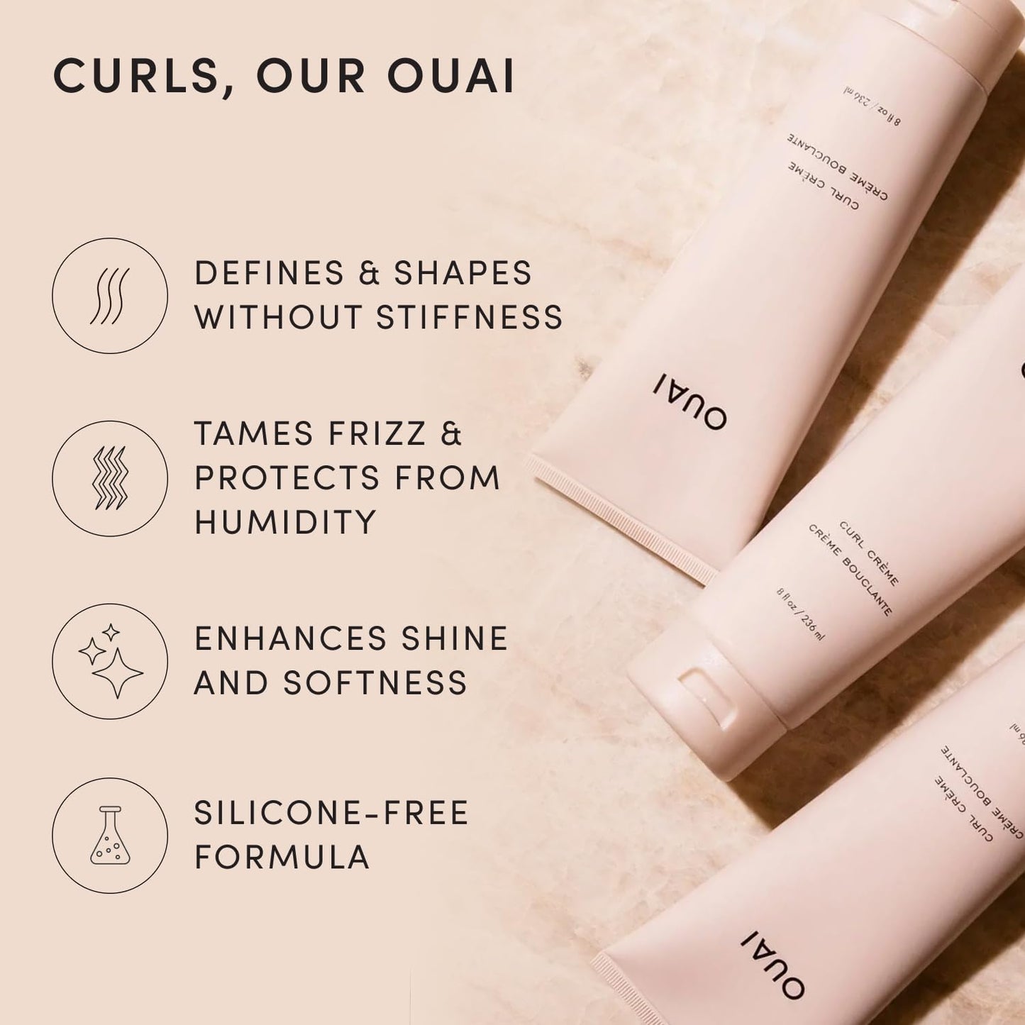OUAI Curl Cream - Curl Defining Cream with Chia & Linseed Oil - Enhances Definition, Hydration & Shine - Tames Frizz & Protects from Humidity