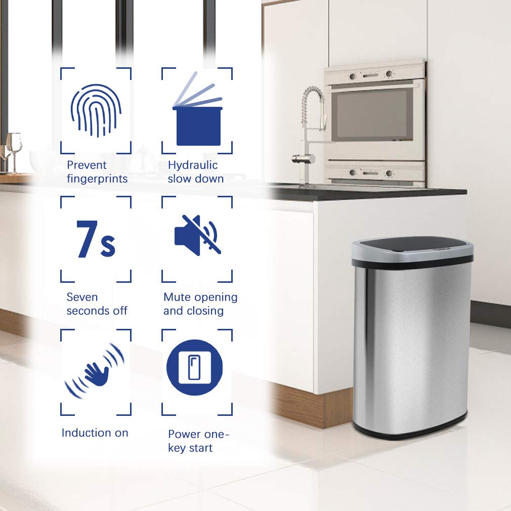 13-Gallon Touch-Free Kitchen Trash Can – Automatic High-Capacity Garbage Bin with Lid, Brushed Stainless Steel for Home & Office