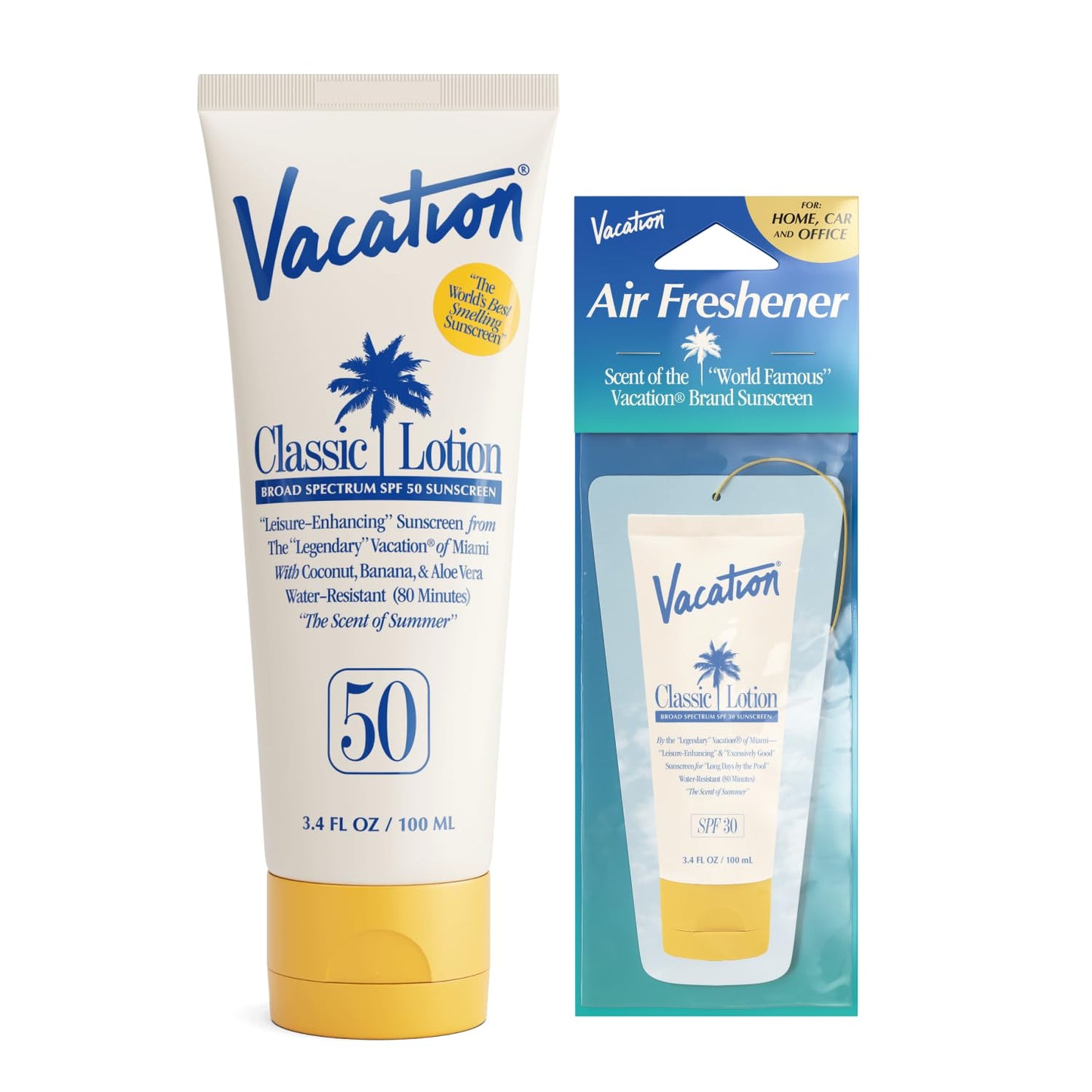 Vacation Classic SPF 50 Sunscreen Lotion and Air Freshener Bundle, 3.4 Fluid Ounces - Invisible, No White Cast, Water-Resistant, Dermatologist-Tested Beauty and Personal Care VACATION Default Title