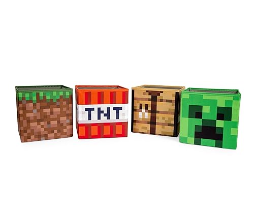 Minecraft 10-Inch Storage Set of 4 Bins | Includes Creeper, TNT, Grass, Crafting Table | Fabric Basket Container, Cubby Closet Organizer, Home Decor…