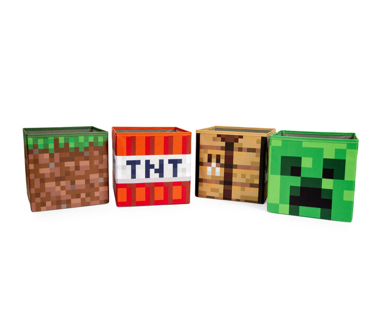 Minecraft 10-Inch Storage Set of 4 Bins | Includes Creeper, TNT, Grass, Crafting Table | Fabric Basket Container, Cubby Closet Organizer, Home Decor…