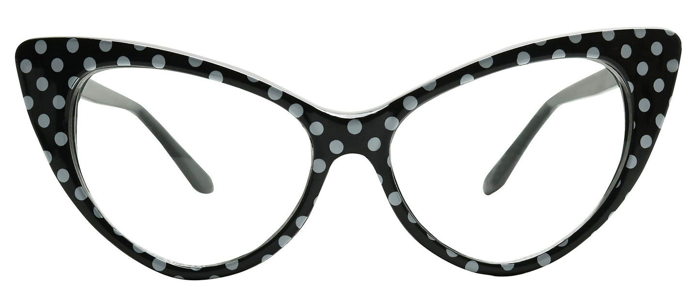 ShadyVEU High Pointed Polka Dot Cat Eye Glasses Clear Non Prescription Lens Lolita 50s Greaser Retro Sunglasses (Black Polka Dot Frame)