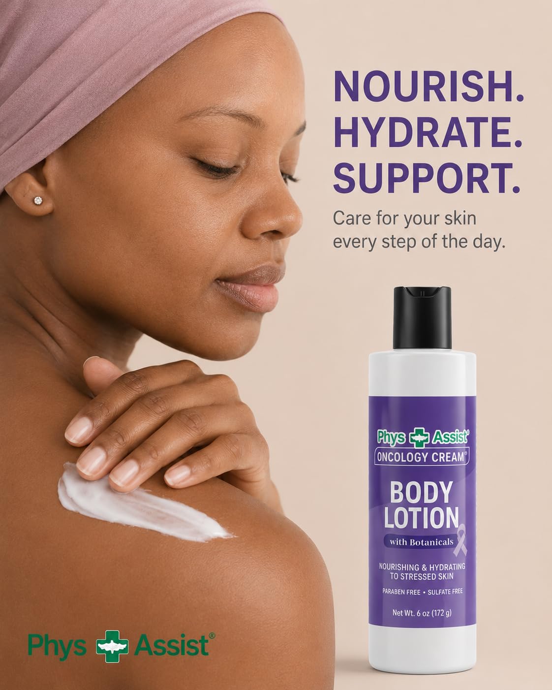PhysAssist Oncology Cream Body Lotion with Botanicals - Hydrating Lotion for Dry, Sensitive and Stressed Skin - Lavender, Tea Tree, Peppermint