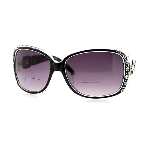 Womens Bifocal Lens Sunglasses Oversized Square Rhinestone Frame Black +2.75