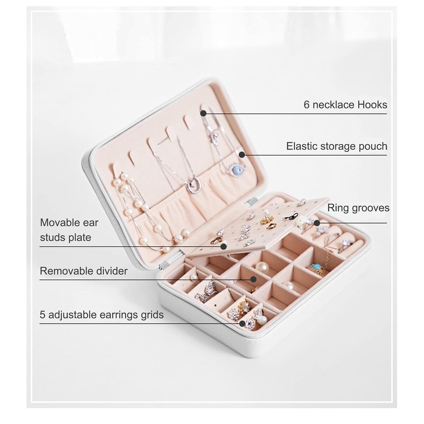 LETLIT Travel Jewelry Organizer, Small Jewelry Box for Women, Double-Layer Necklace Ring Earrings Holder Case (White 2)