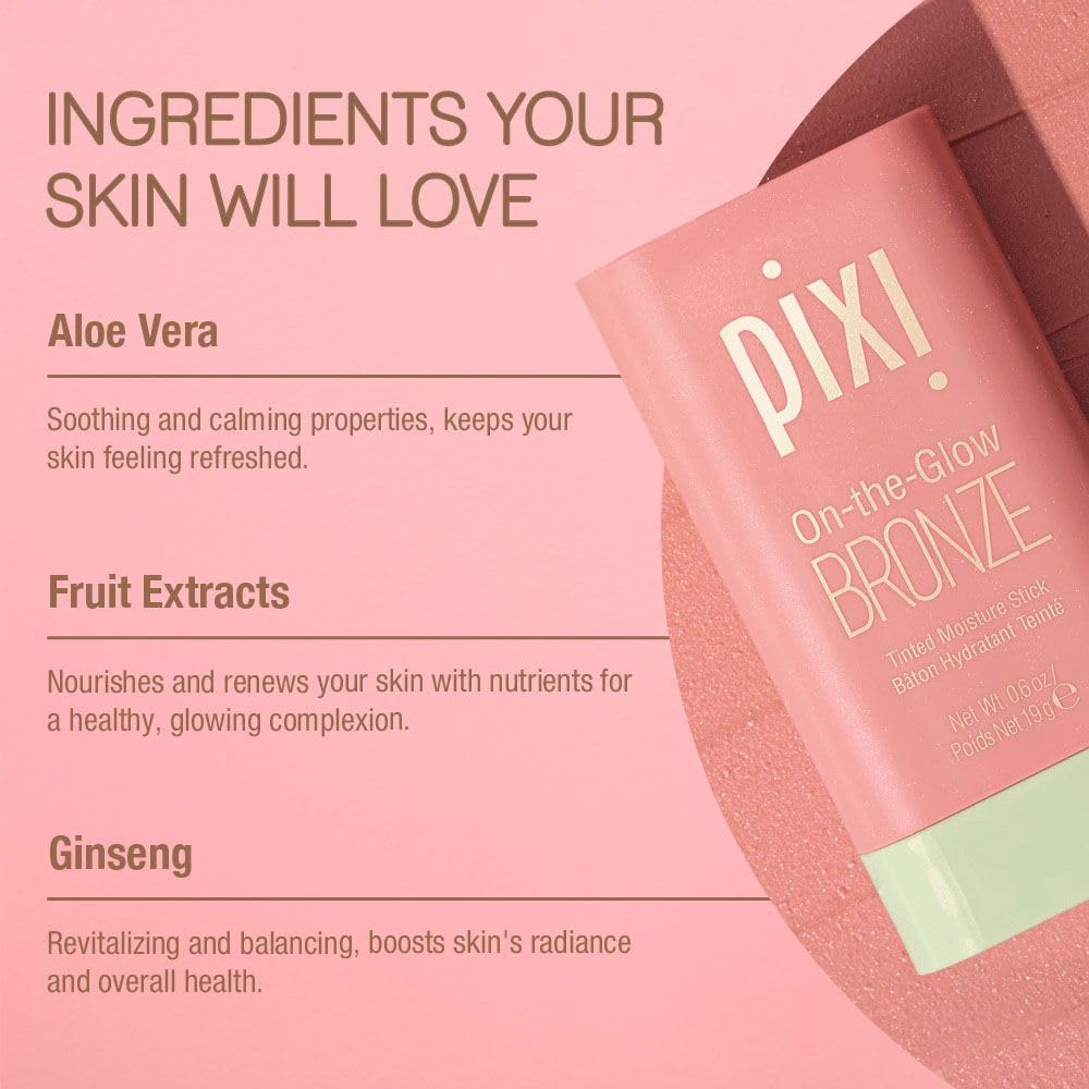 Pixi On-the-Glow Bronze - WarmGlow, Hydrating Tinted Moisture Bronzer Stick with Ginseng, Aloe Vera & Fruit Extracts, For Cheeks & Lips, 19g / 0.6oz