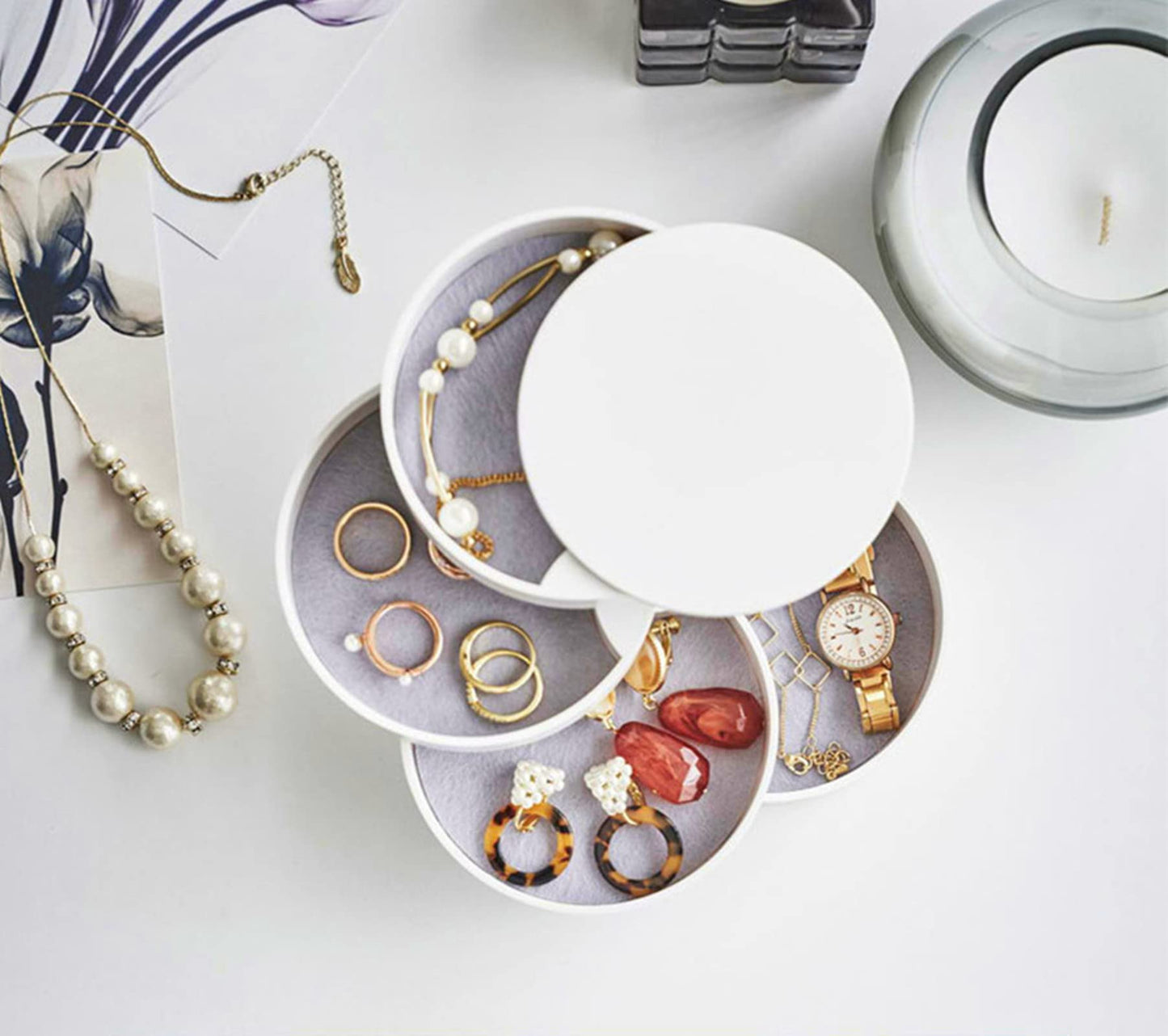 Maxbei Jewelry Organizer Case 360 Degree Round Rotating Jewelry Storage Box Necklace Bracelet Ring Earring Display Tray Holder
