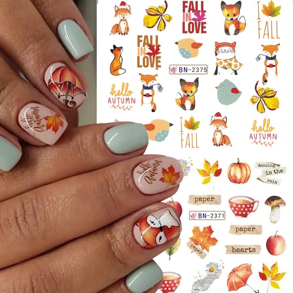 12Sheets Fall Nail Stickers Autumn Maple Leaf Pumpkin Halloween Thanksgiving Water Transfer Nail Decal for Women Girls Kids DIY Decorations