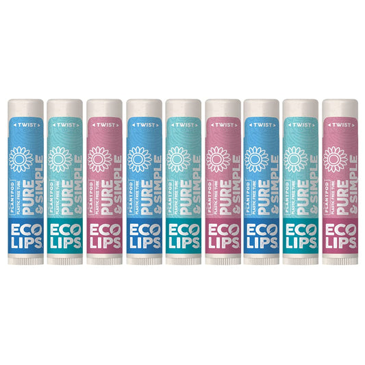 Eco Lips - Pure & Simple Raspberry, Coconut and Vanilla Organic Lip Balm 9-Pack (0.15 oz.) - 100% Natural. 100% Plastic-Free Plant Pod Packaging. Made