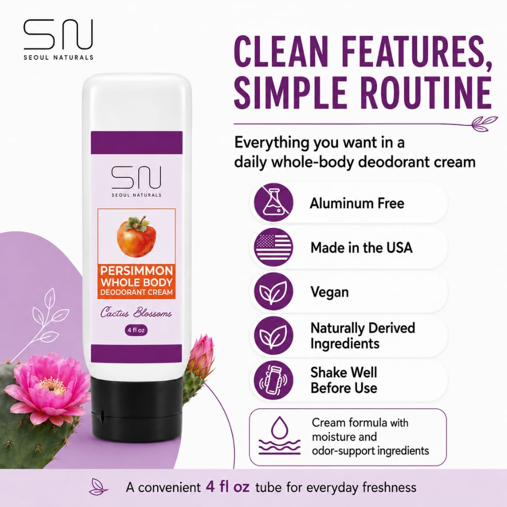 Seoul Naturals Persimmon Whole Body Deodorant Cream 2 Pack, Cactus Blossom Scented, Eliminates Nonenal Odors, k beauty inspired, 8fl oz, 2 x 4fl oz Beauty and Personal Care Seoul Naturals