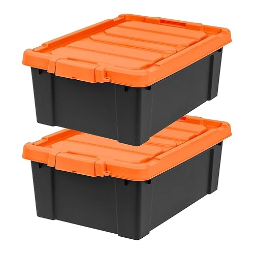 IRIS USA 12 Gallon Lockable Storage Bins with Lids, 2 Pack - Made in USA, Heavy Duty, Stackable Containers, Garage Organizing Bins Moving Tubs…