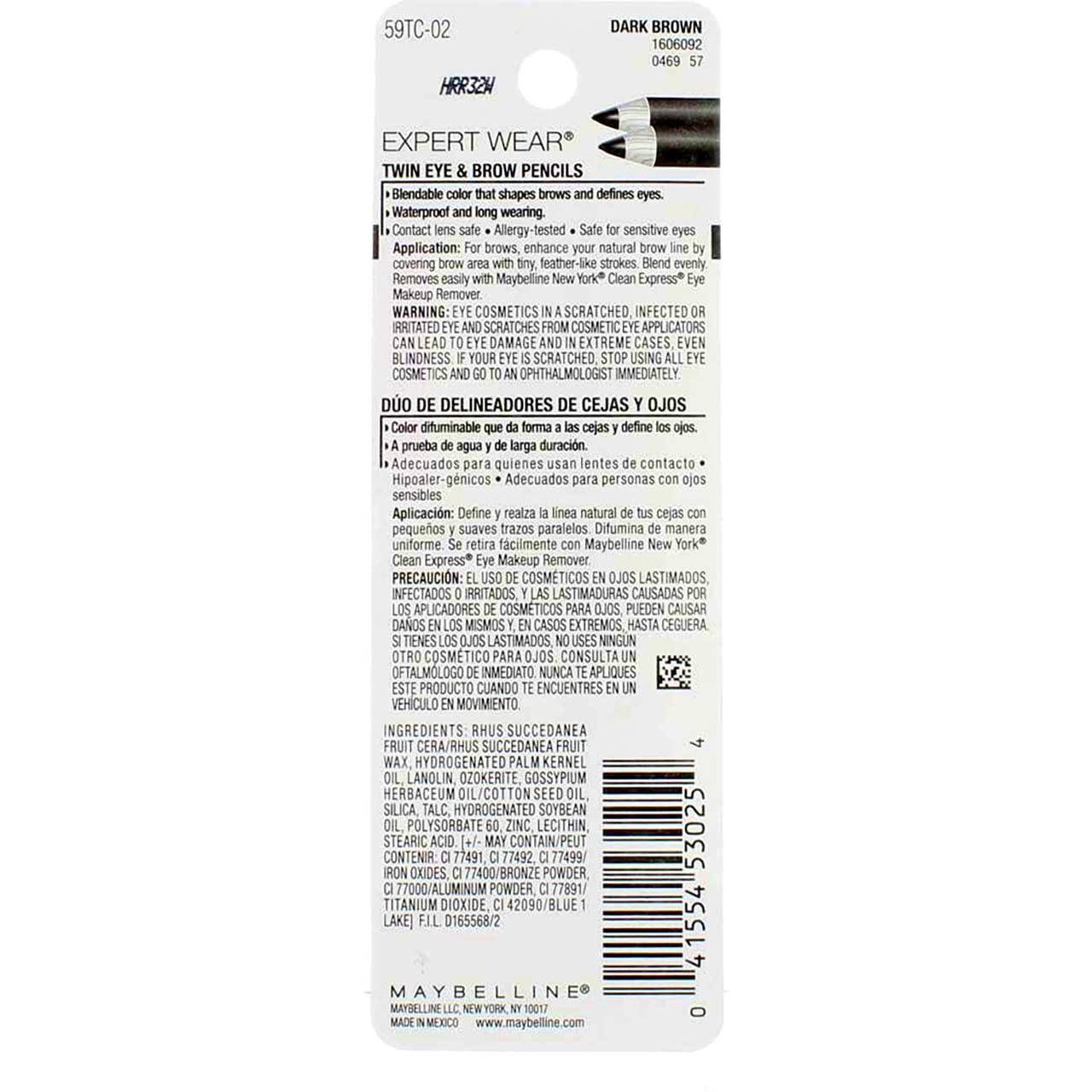 2 Packs - Maybelline New York Expert Wear Twin Brow & Eye Liner Pencils Dark Brown - 4 Pieces