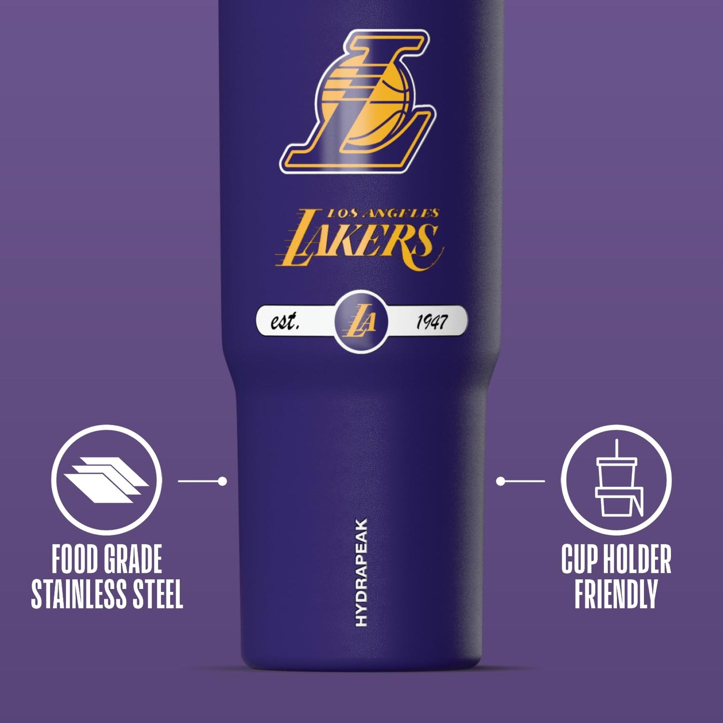 Hydrapeak x NBA Officially Licensed Los Angeles Lakers 32 oz Nomad Tumbler with Handle and Straw Lid, Leakproof Stainless Steel Water Bottle