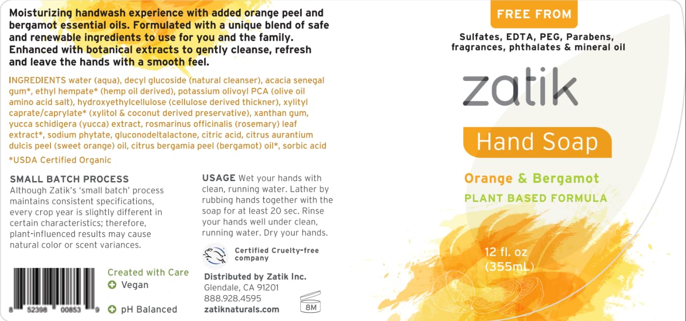Zatik Naturals - Liquid Hand Soap (Orange & Bergamot), Moisturizing Handwash, Grey Water Safe, 12 oz (Pack of 1) Packaging may vary Beauty & Personal Care Zatik