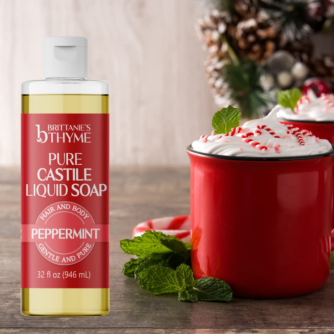 Brittanie’s Pure Castile Liquid Soap Refill, Peppermint, 32 Ounce | Dish Soap, Hair & Body, Home, Gentle and Pure, Made with Natural Luxurious Oils