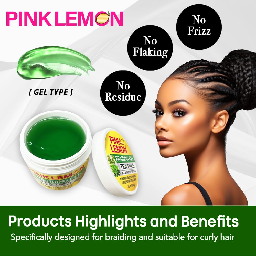 PINK LEMON Braiding Gel - Tea Tree - Maximum Hold, No Flaking, Long Lasting Hold, High Shine. For Micro, Inter, Dread, Faux, Loc, Twist, Braid, Edge