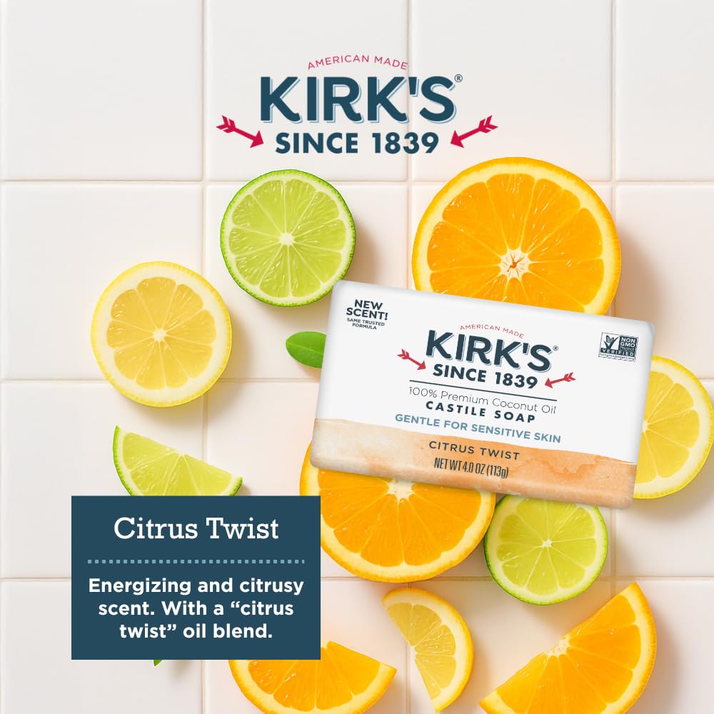 Kirk's Castile Bar Soap, Citrus Twist - Clinically Tested, Safe for Sensitive Skin with Coconut Oil, Vegan and Non-GMO - 4 oz Bars, 6 Pack
