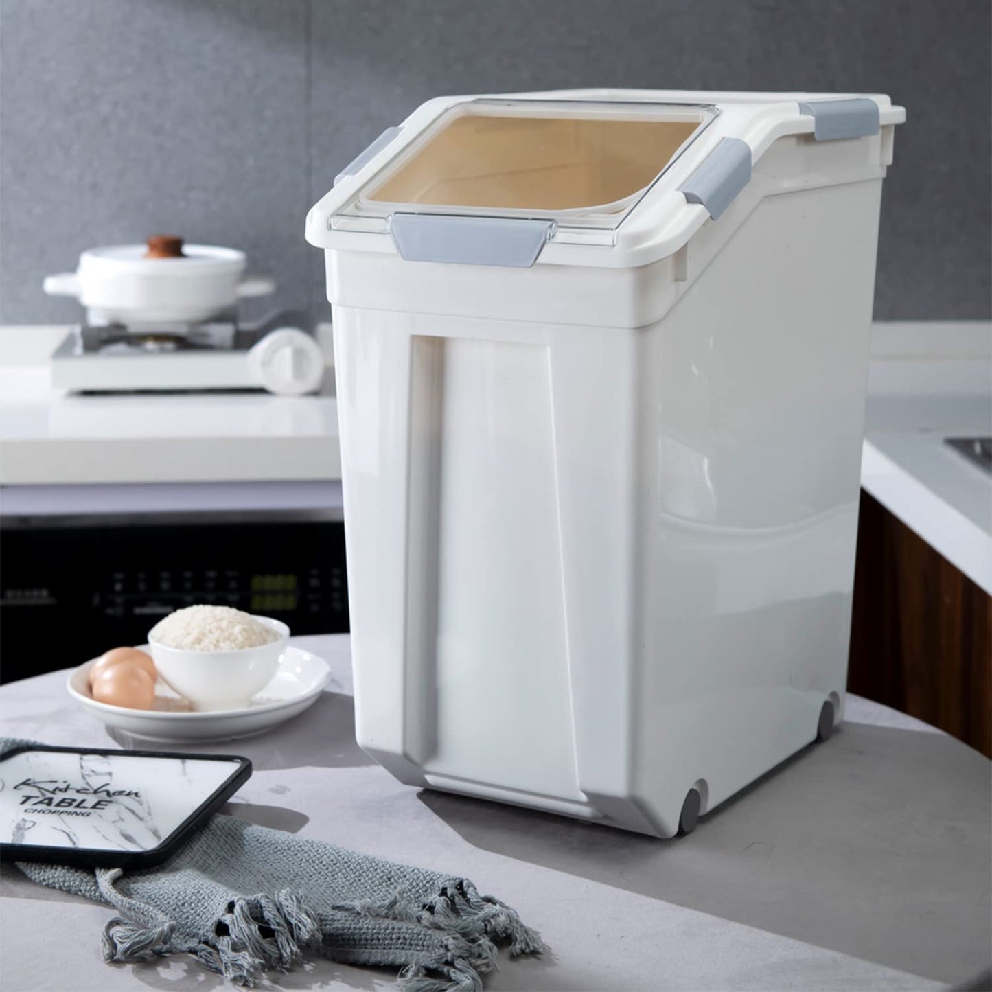 HANAMYA 33 Liter / 50 lbs Rice Storage Container with Measuring Cup, BPA free, For Rice | Grain | Pet Food | Flour, 2 count, White