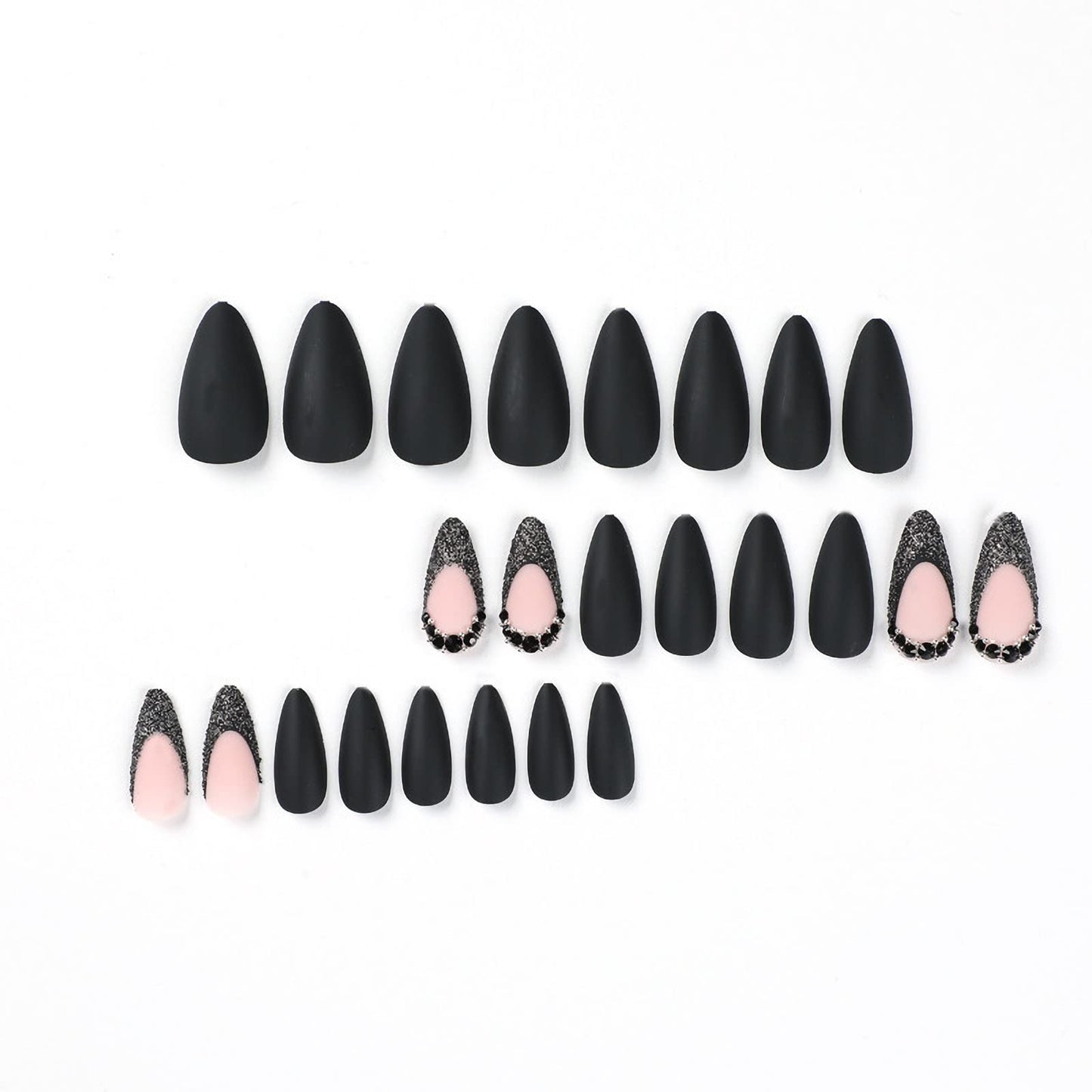 IMSOHOT Medium Press on Nails Almond Matte Black Fake Nails French Tips Acrylic False Nails with Rhinestone Designs