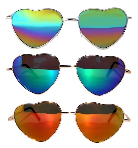 3 Pack Heart Shaped Gold Metal Frame Aviator Mirrored Lens Sunglasses Blue-Green Red Multicolor