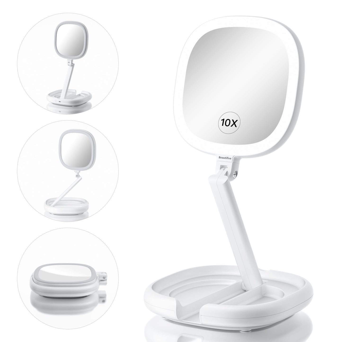 Beautifive 6.3” Makeup Mirror with Light and Magnification, 10X/1X Light Up Makeup Mirror Lighted Make Up Mirror with Adjustable Height Double Sides