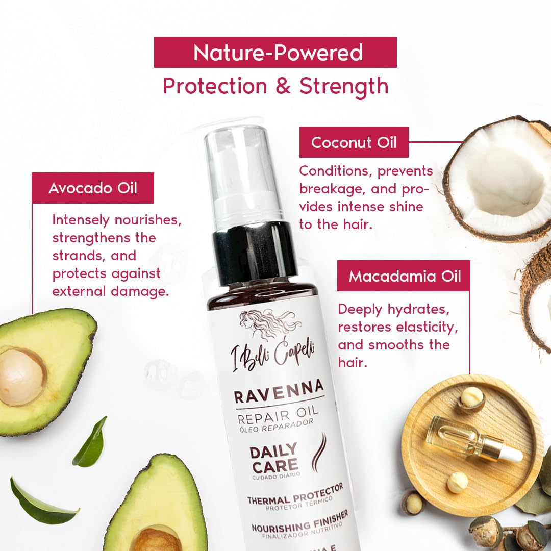 I Belli Capelli Ravenna Hair Oil for Frizzy Hair - Split End Repair, Heat Protection & Deep Hydration - Macadamia, Avocado & Coconut Oil for Damaged