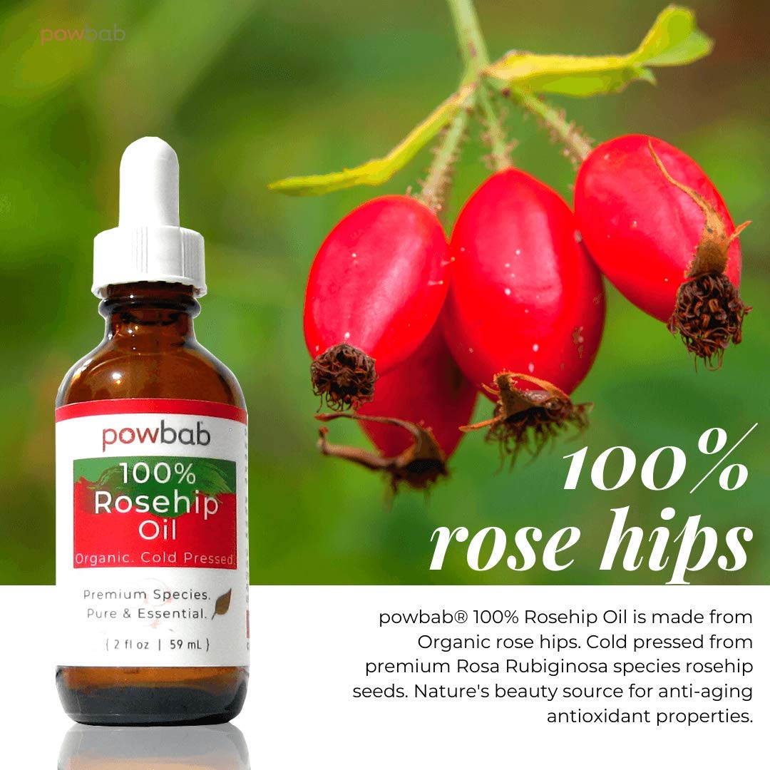 powbab 100% Rosehip Oil - Organic, Cold Pressed from Premium Rosa Rubiginosa Rosehip Seed. Face and Body Oil for Skin, Hair, Nail Repair. Raw Pure E