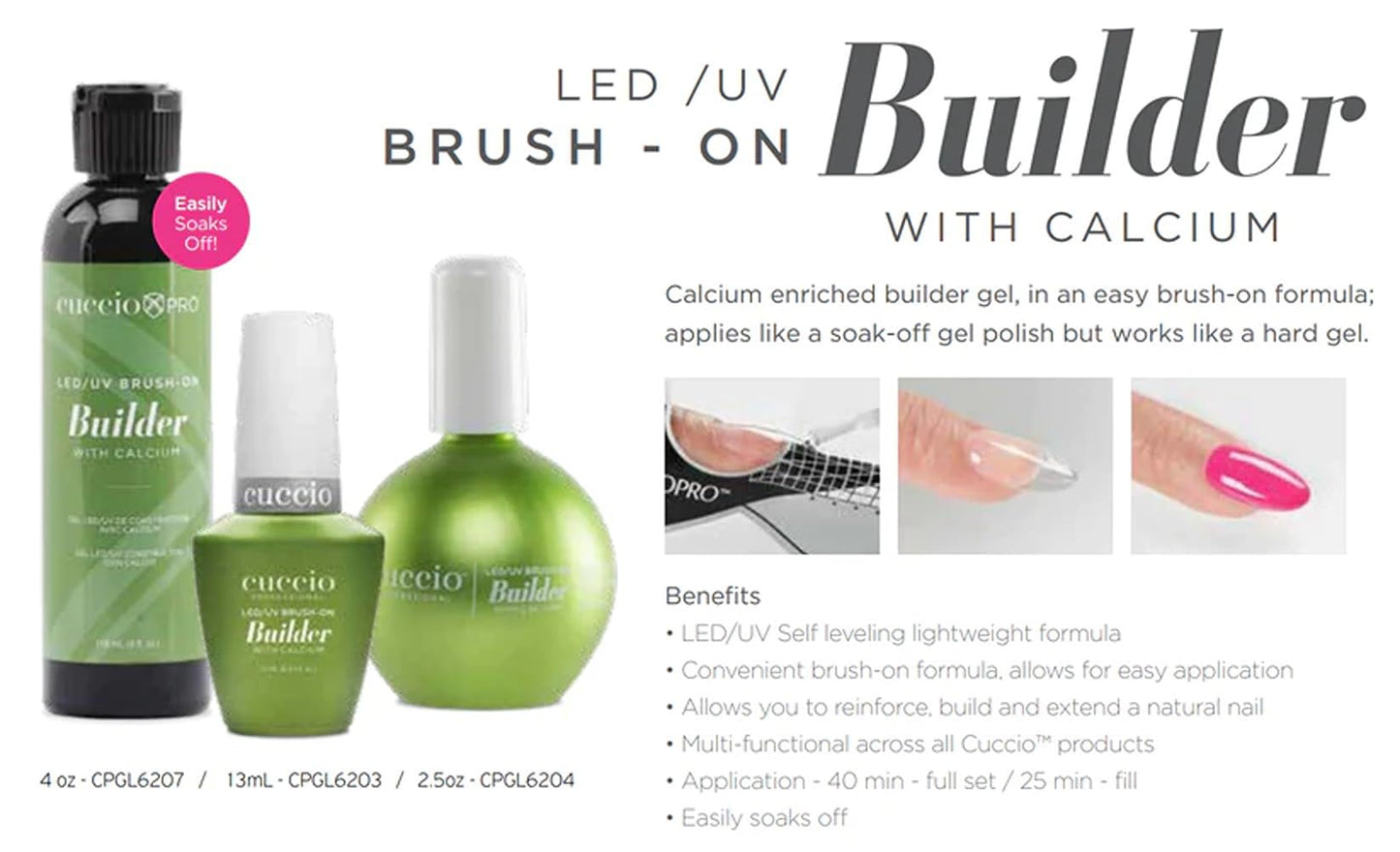 Cuccio Pro Brush-On Builder Gel with Calcium - LED and UV Self-Leveling Formula - Soak-Off Gel with Hard Gel Strength - Chip-Resistant Clear Finish