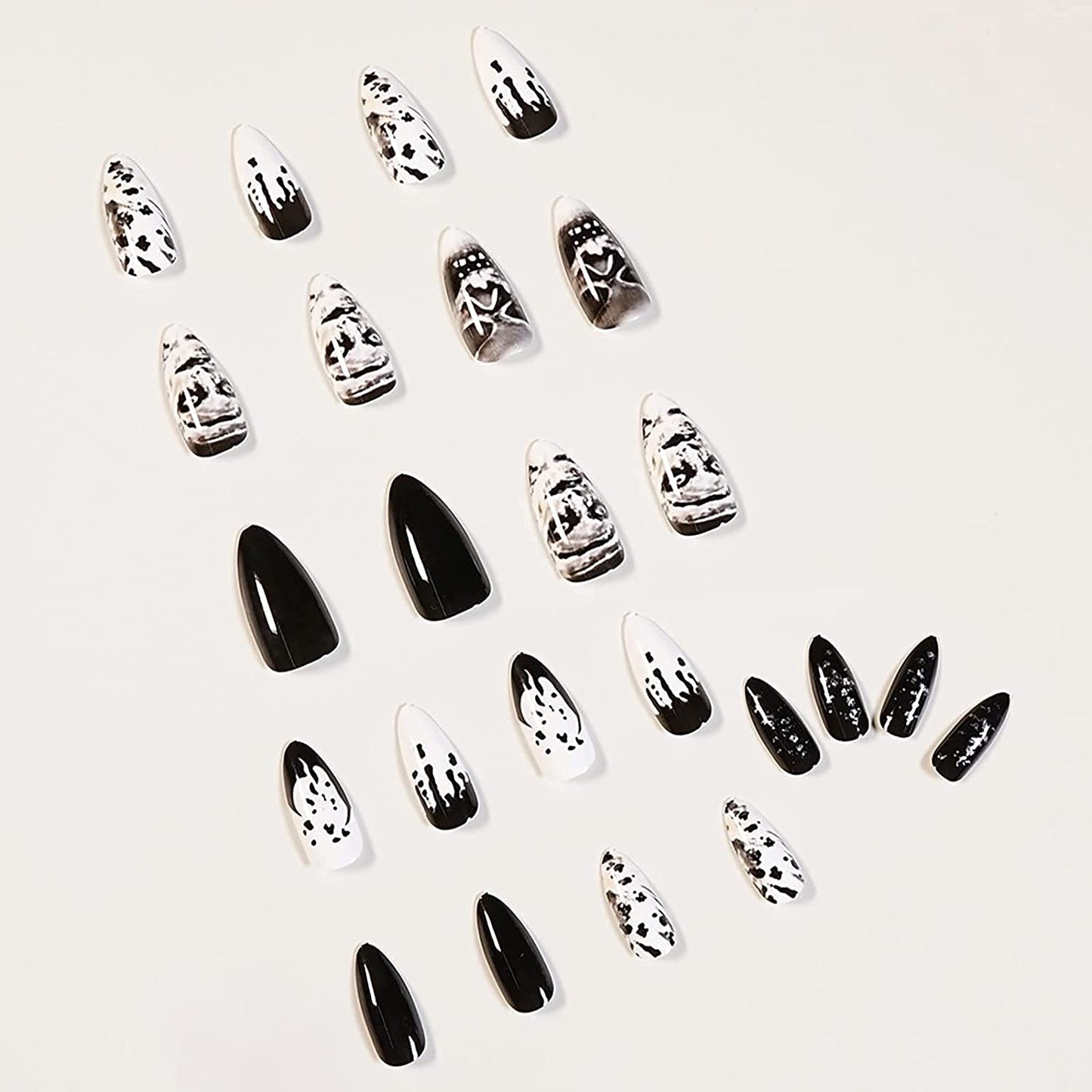 BABALAL 24Pcs Medium Stiletto Fake Nails Black Skull False Nails Punk Full Cover Artificial Halloween Press on Nails Almond Acrylic Nails for Women