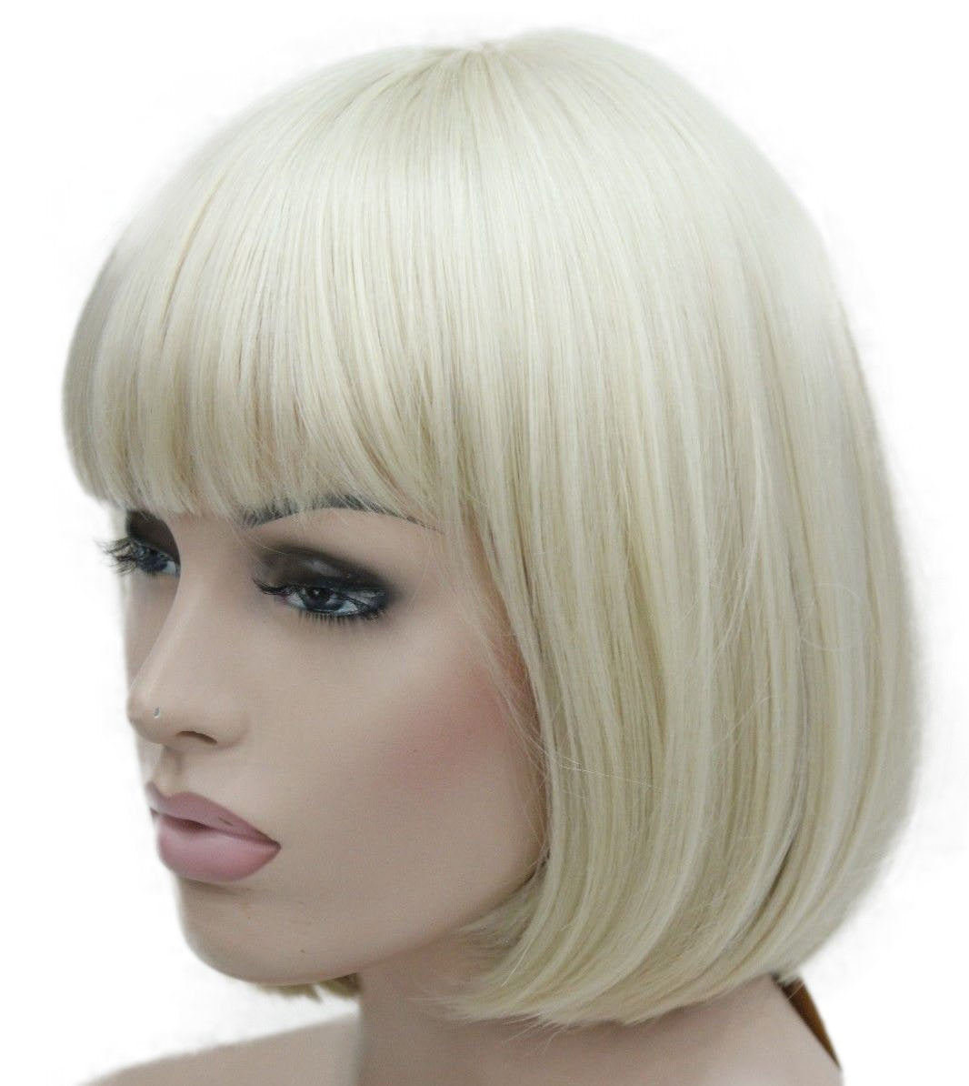 Lydell 8" Straight Short Bob Hair Flat Bangs Cute Central Dot Skin Top Heat Resistant Synthetic Wigs (614 Pale Blonde)