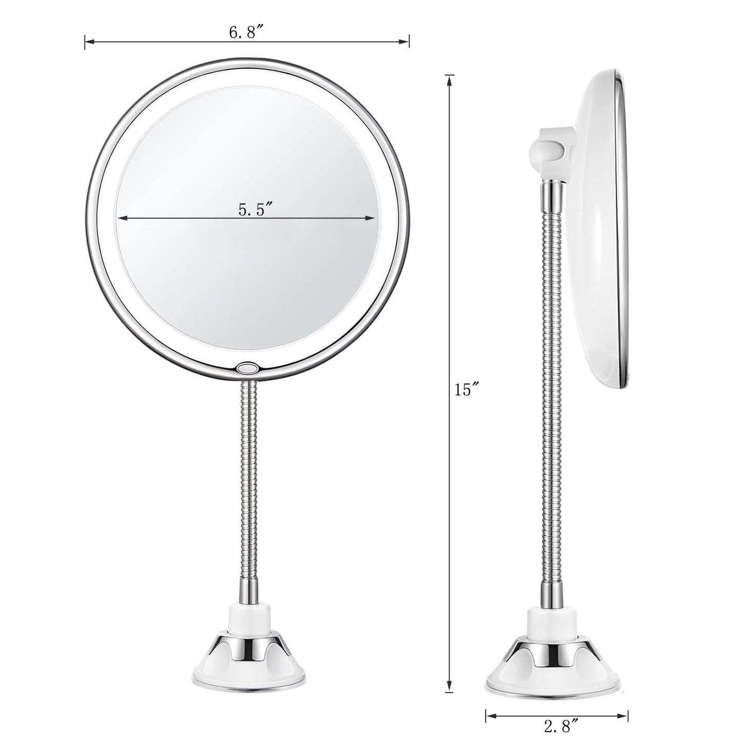 JiBen Flexible Gooseneck LED Lighted 10X Magnifying Makeup Mirror with Power Locking Suction Cup and 360 Degree Swivel, Portable Cordless Travel