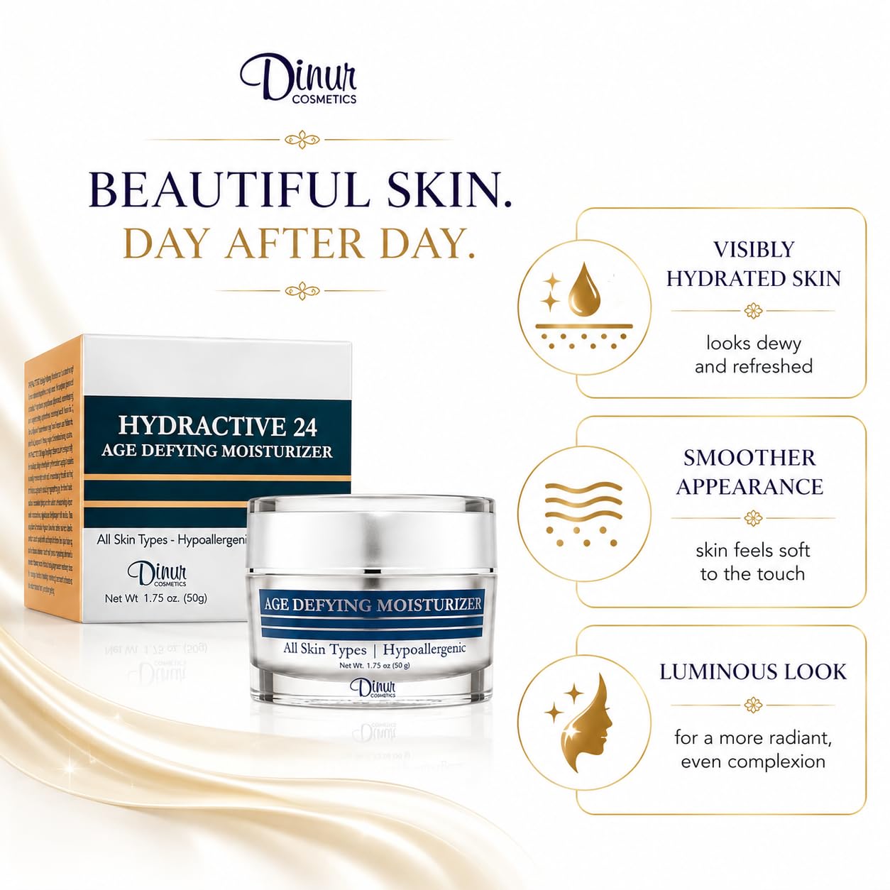 Dinur Cosmetics Hydractive 24 Age Defying Moisturizer Hydrating Looks Younger Smoother & Lucent Improves Skin Elasticity Uniformity 1.75 ounces/50