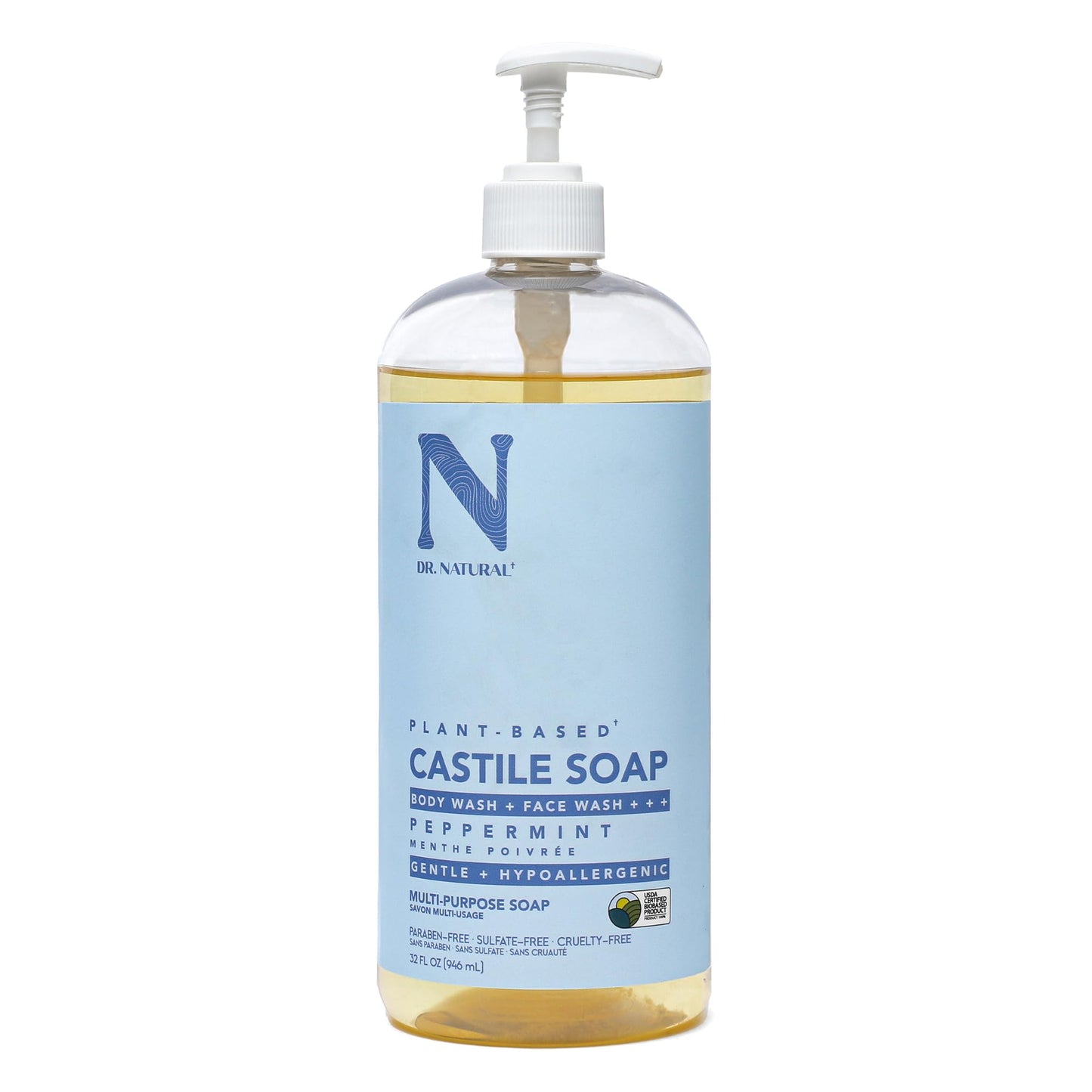 Dr. Natural Castile Liquid Soap, Peppermint, 32 oz - Plant-Based - Made with Organic Shea Butter - Rich in Coconut and Olive Oils - Sulfate