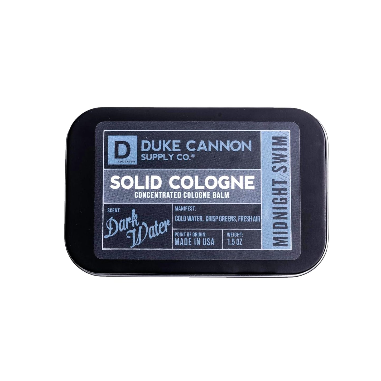 Duke Cannon Supply Co. Solid Cologne for Men Midnight Swim - Cold Water, Crisp Greens, Fresh Air - Concentrated Balm, Coconut Oil, Travel-Friendly