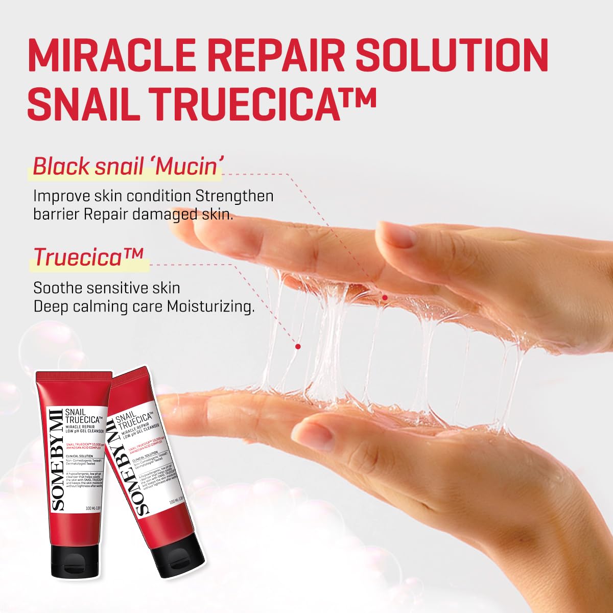 SOME BY MI Snail Truecica Miracle Repair Low pH Gel Cleanser - 3.38Oz, 100ml - Made from Snail Mucin for Sensitive Skin - Daily Face Wash for Deep